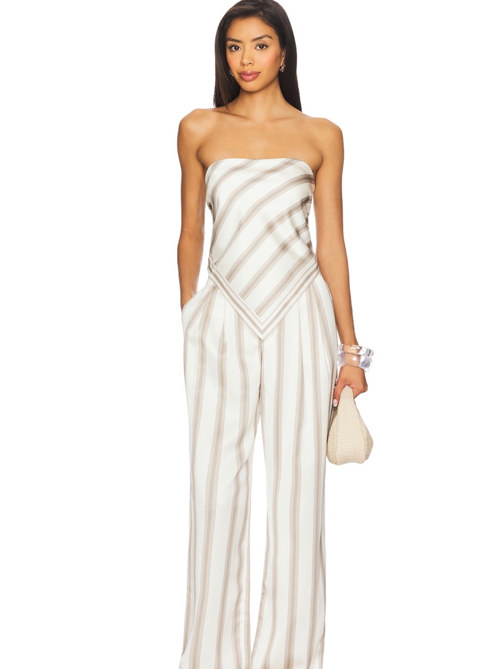 Strapless Wide-Leg Stripe Set In Cream And Taupe